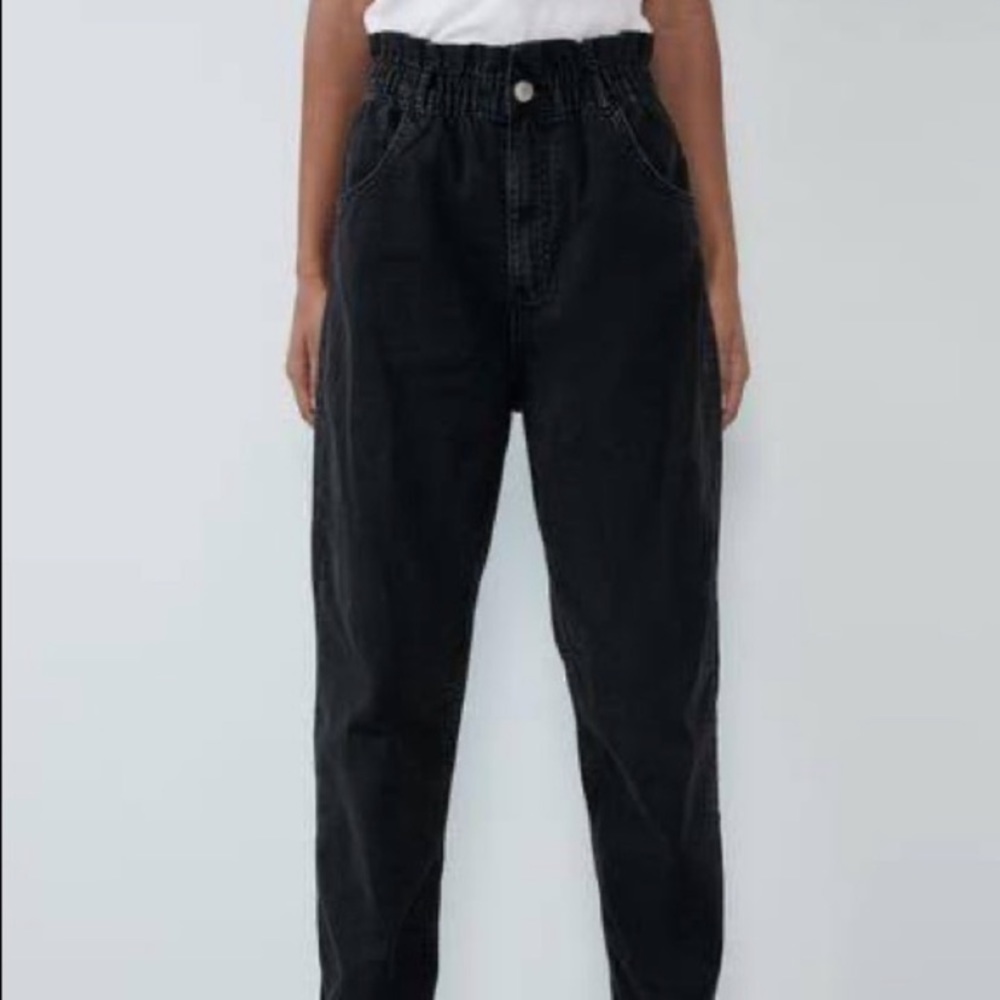 ZARA Black Paper Bag Stretch Waist Denim Jeans Size - Picture 4 of 8